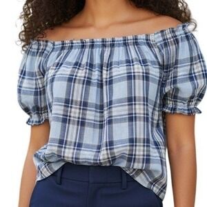 🆕 EXPRESS Blue Plaid Off Shoulder Super Soft Flutter Sleeve Blouse NWT Size S